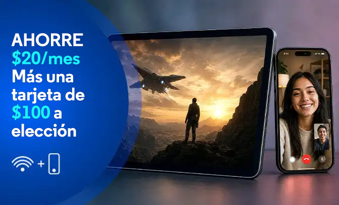 Tablet y teléfono inteligente con videollamada junto a la promoción Ahorre $10 al mes más una tarjeta de regalo de $100 con la tarjeta Visa de Optimum en azul
