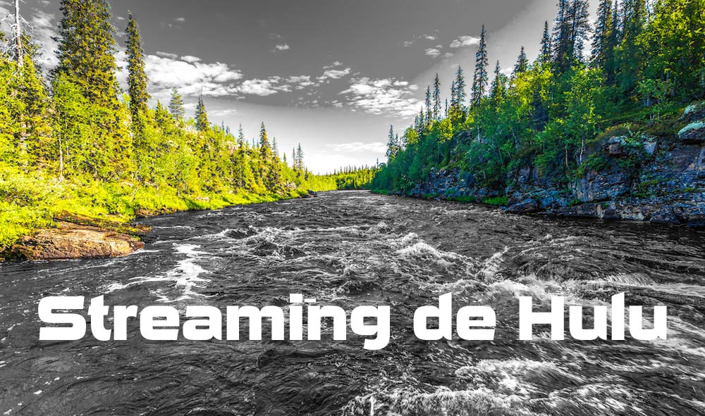 Imagen de cielo, árboles y río con el cielo y el río en blanco y negro. Superposición de texto blanco que dice "Hulu Streaming"