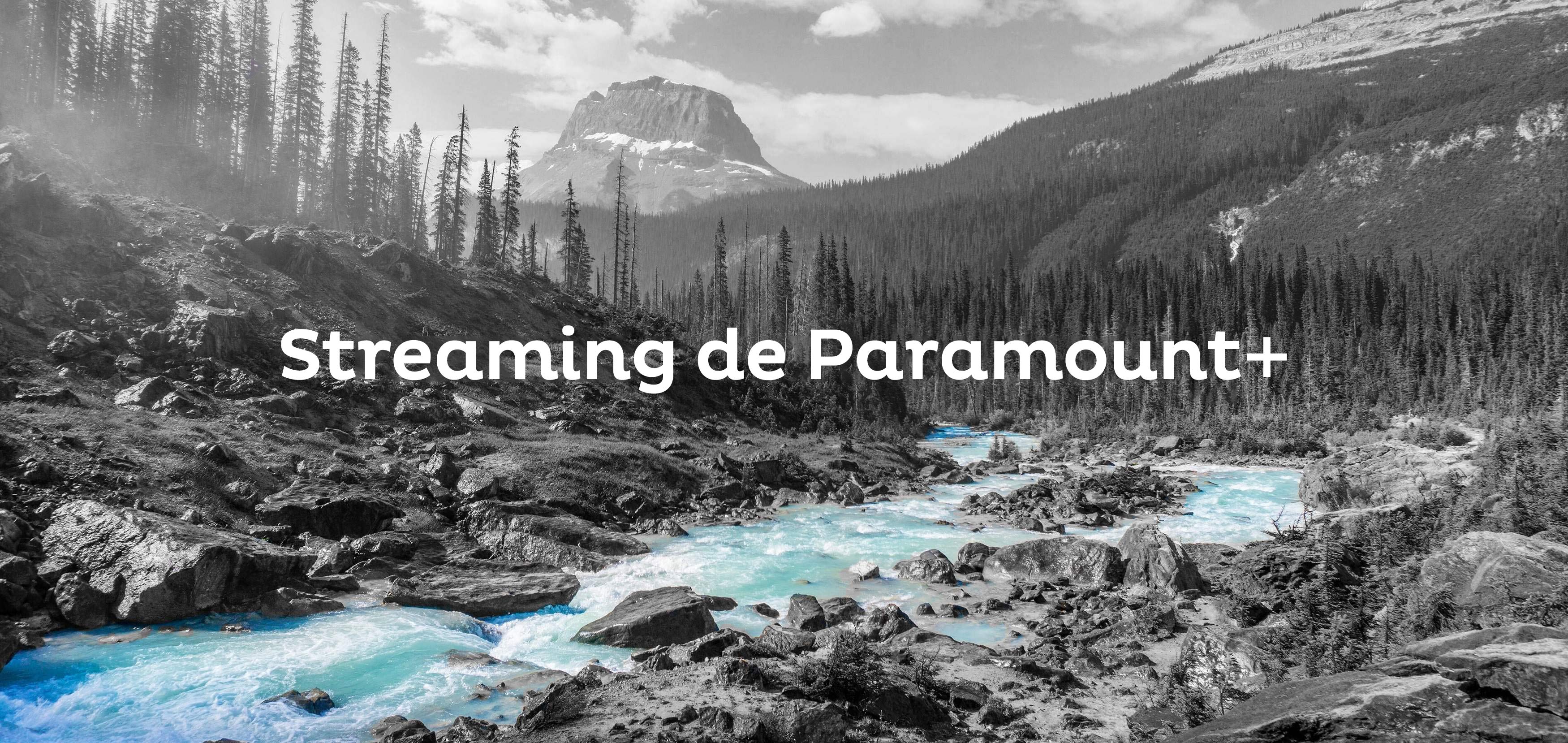 Foto en blanco y negro de árboles y un arroyo azul con el texto "Paramount+ Streaming" en blanco.