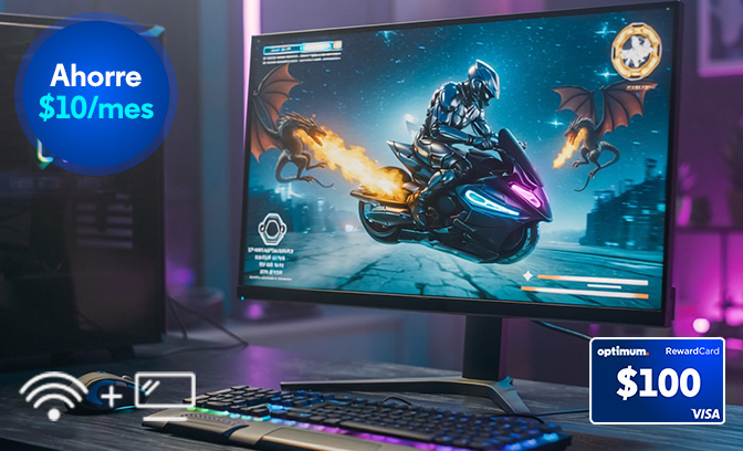 La pantalla muestra un juego de motocicletas de ciencia ficción en una habitación con iluminación violeta; el ícono de WiFi-más-TV y una tarjeta Visa de $100