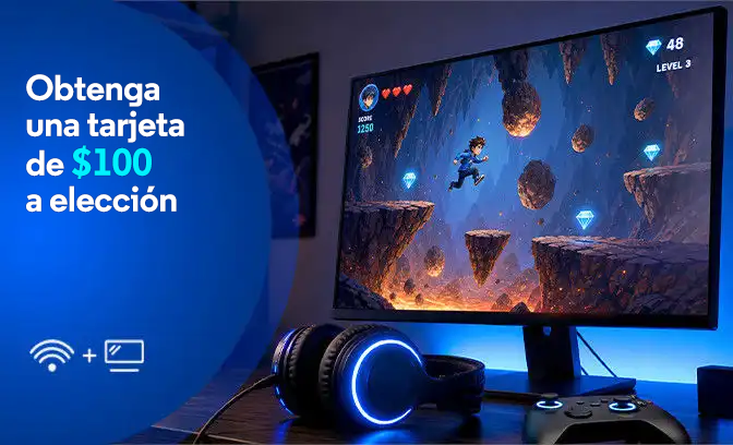Monitor de videojuegos con juego de plataformas, auriculares y mando al lado de la promoción Obtenga una tarjeta de regalo de $100 con la tarjeta Visa en azul